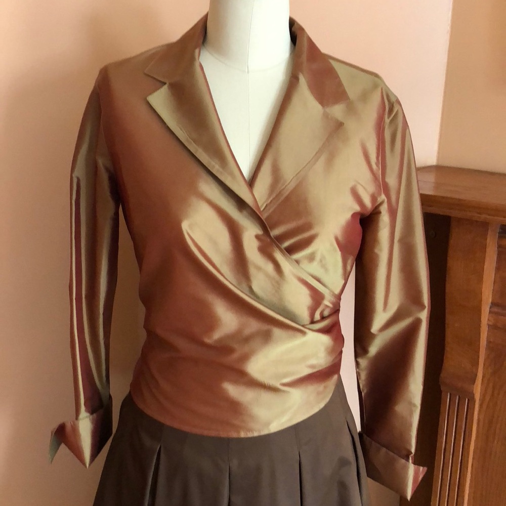 Gold metallic silk wrap top Size 8